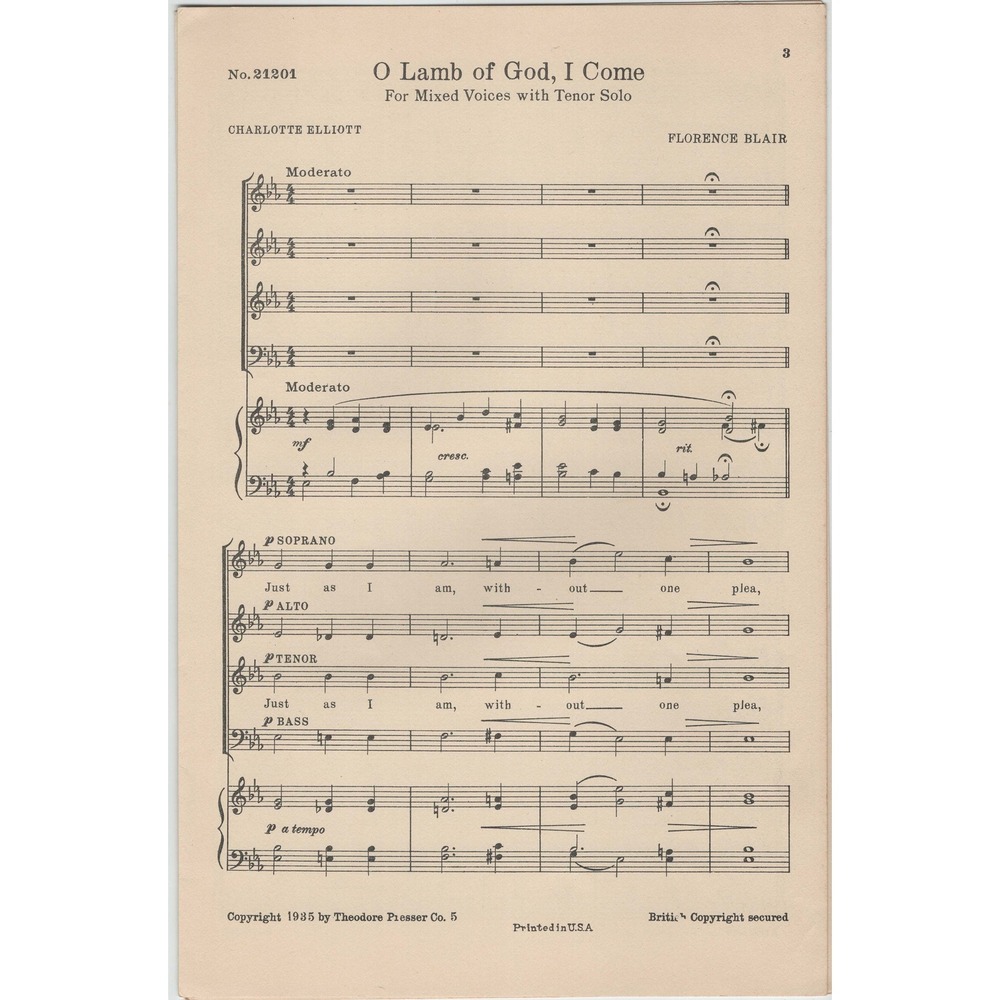Vintage 1935 O Lamb of God I Come Sheet Music Florence Blair Theo Presser 21201 - Picture 3 of 3